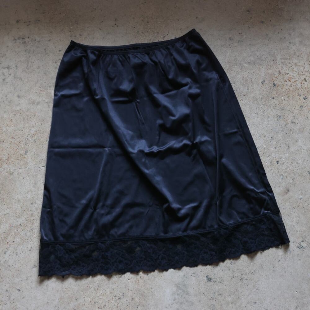 Black Satin Lace Trim Half Slip Skirt Y2K Lingerie Core 2XL